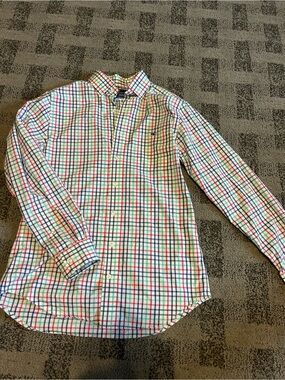 Vineyard Vines Men's White Button-Down Shirt with Blue, Green & Pink Plaid